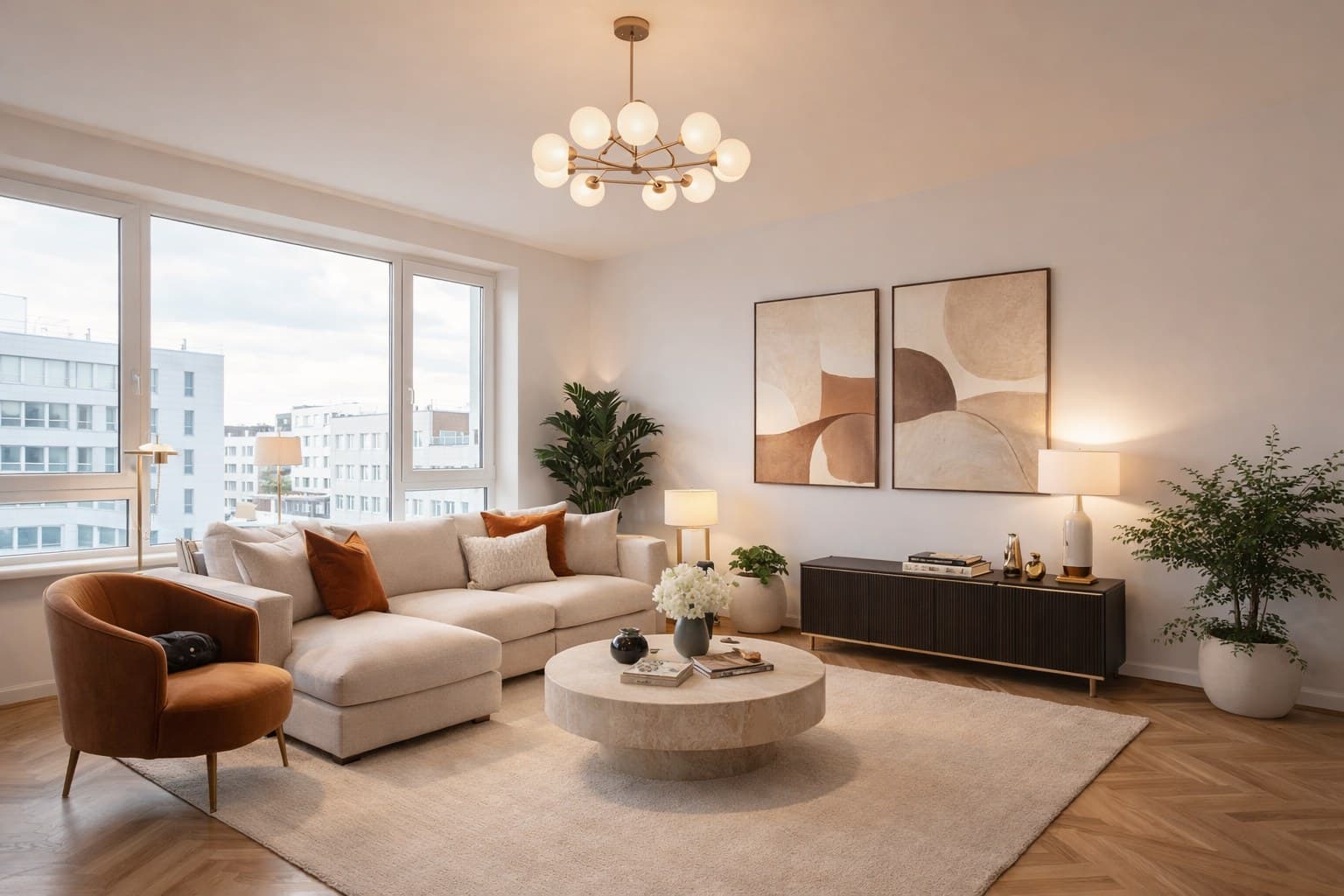 Dasselbe Düsseldorfer Wohnzimmer nach Virtual Staging — modernes Luxus-Interieur für das Premium-Segment