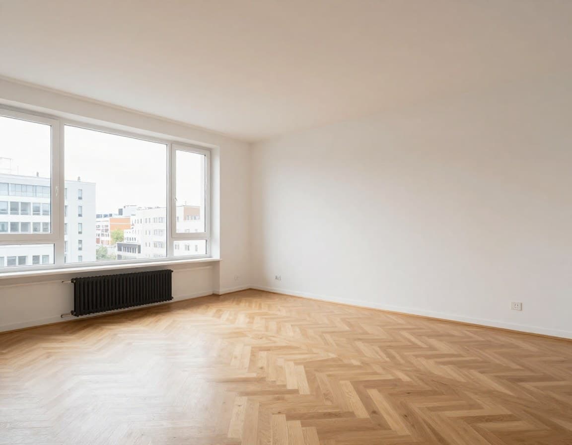 Leere Düsseldorfer Eigentumswohnung vor dem Verkauf — typisches Inserat-Foto ohne Möbel