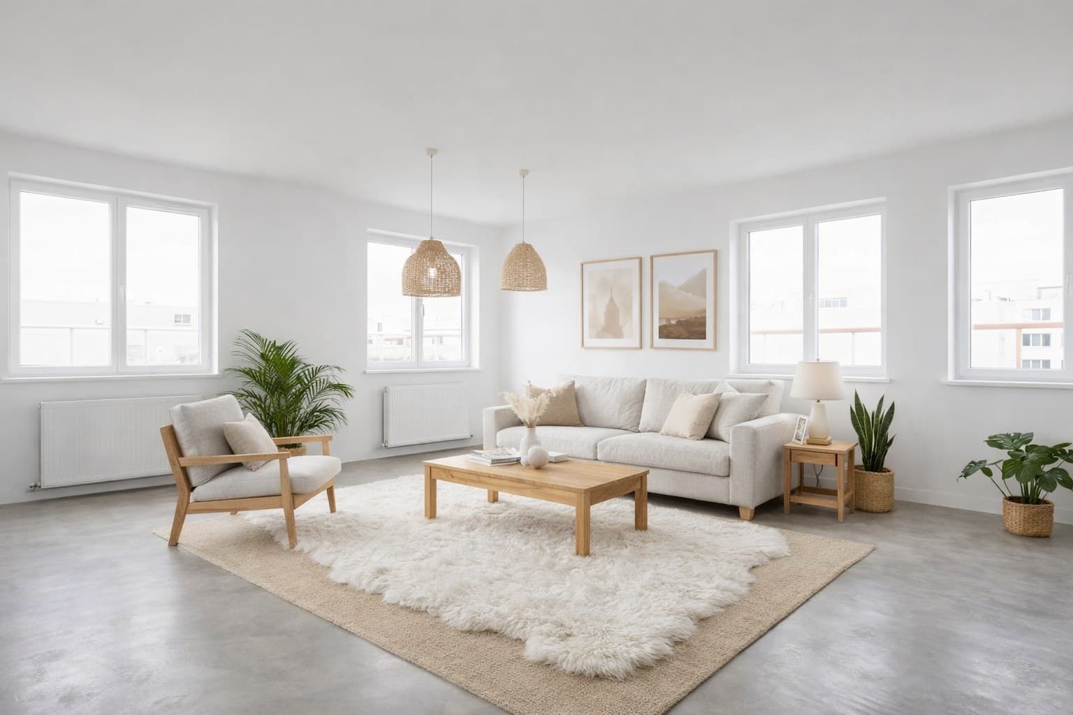 Dasselbe Wohnzimmer nach Virtual Staging mit skandinavischen Möbeln und warmer Beleuchtung