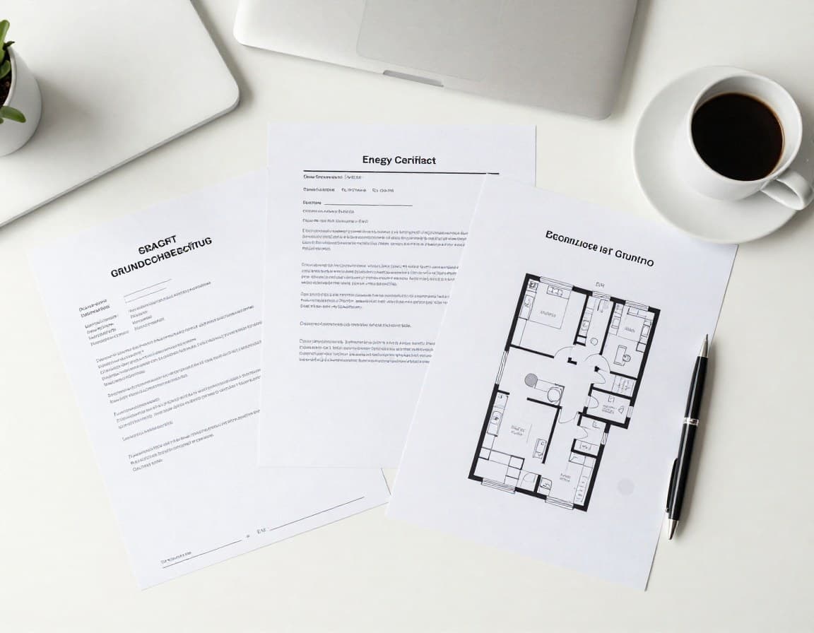 Person prüft Immobilienverkauf-Unterlagen am Schreibtisch — Grundbuchauszug, Energieausweis und Kaufvertrag