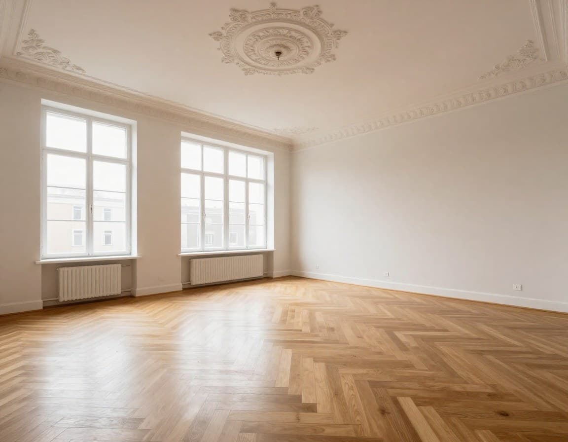 Leere Gründerzeit-Wohnung Leipzig vor dem Virtual Staging — Stuck, Parkett, leer