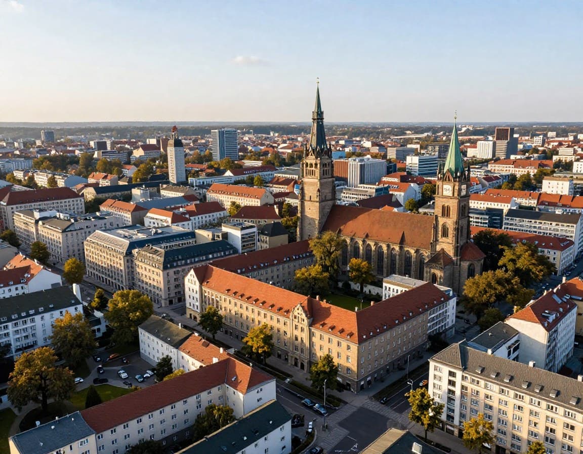 Leipzig Stadtpanorama mit Gründerzeit-Architektur und Kirchturmspitzen — Immobilienmarkt im Aufwind