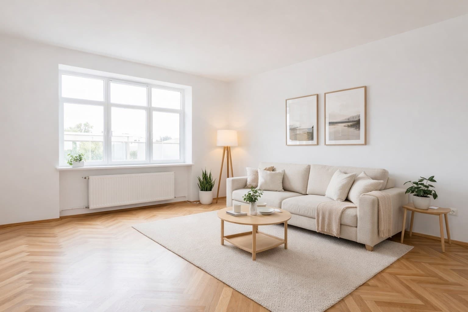 Dasselbe Wohnzimmer nach Virtual Staging mit skandinavischen Möbeln — professionelle Präsentation maximiert den erzielten Verkaufspreis