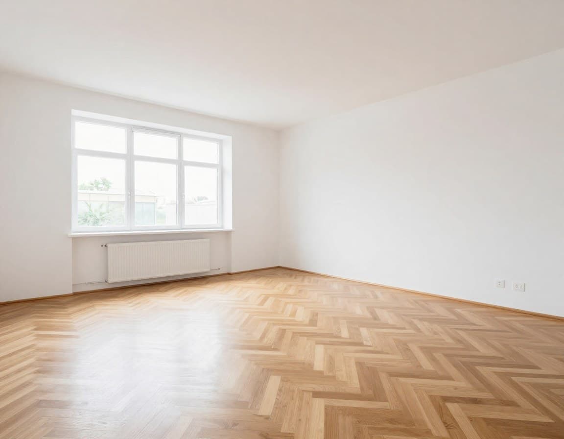 Leeres Wohnzimmer vor Virtual Staging — korrekt bewertete Immobilie ohne emotionale Wirkung auf Käufer