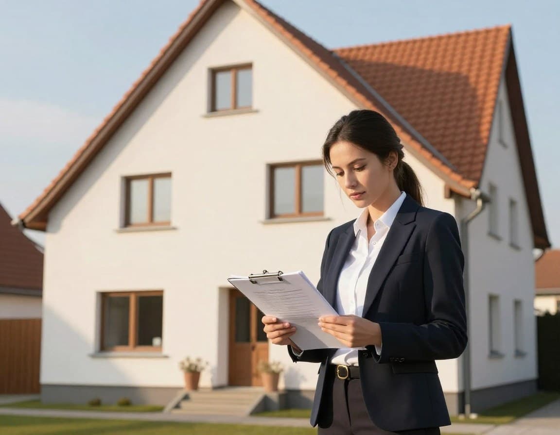 Zertifizierter Sachverständiger mit Klemmbrett bewertet Einfamilienhaus — professionelle Immobilien-Wertermittlung nach ImmoWertV 2022