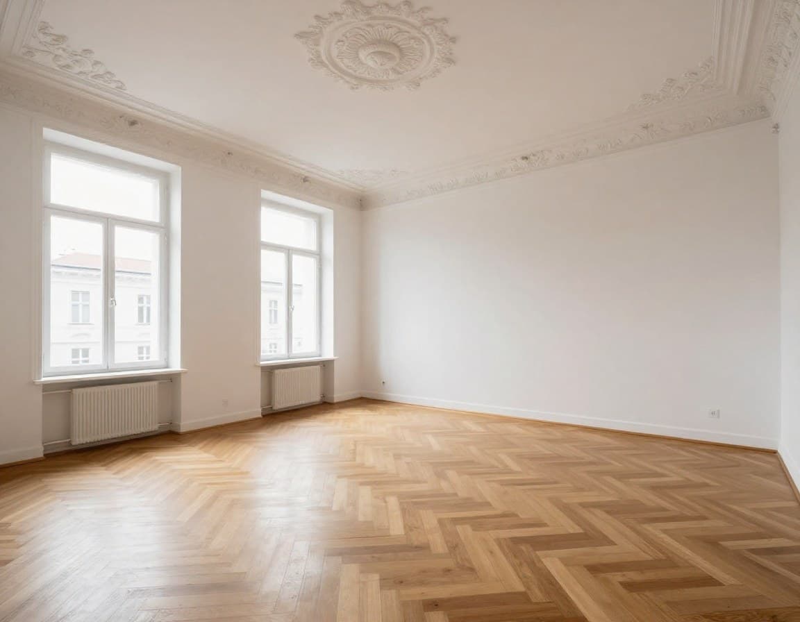 Leere Wiener Gründerzeit-Wohnung mit Stuckverzierungen und Fischgrätparkett vor Virtual Staging