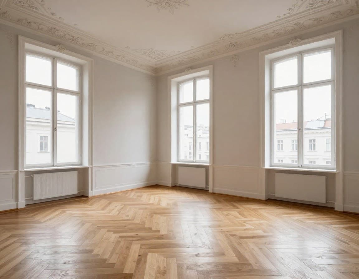 Elegante Wiener Gründerzeit-Wohnung mit hohen Stuckdecken und Fischgrätparkett — typisch für Wiens Bestandsmarkt