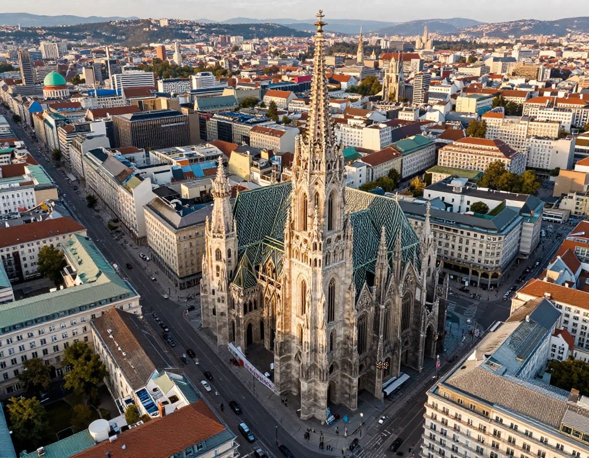 Wien Luftaufnahme mit Stephansdom und Ringstraße — Wiener Immobilienmarkt 2025 mit +23% Nachfragewachstum
