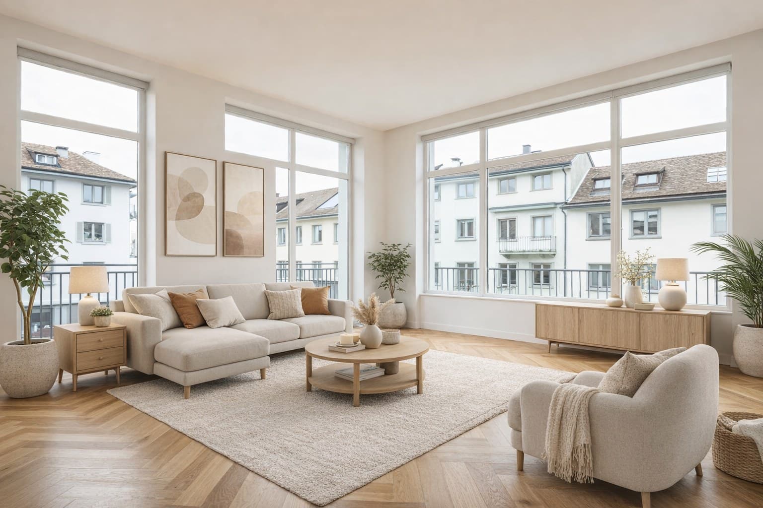 Dieselbe Zürcher Wohnung nach Virtual Staging mit modernem skandinavischen Design und warmer Atmosphäre