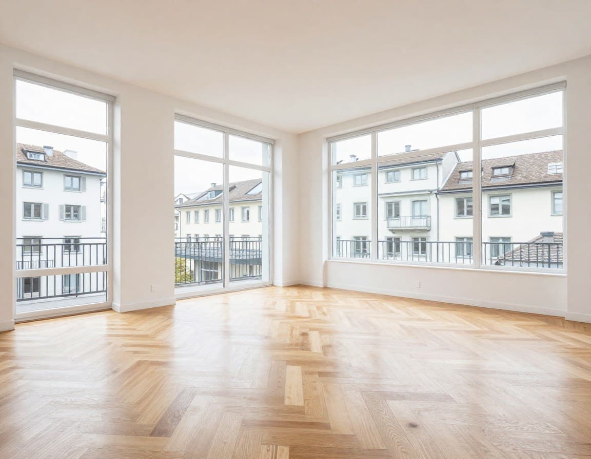Leere Zürcher Luxuswohnung mit Parkettboden vor dem Virtual Staging — typisches CHF 1,7M Objekt