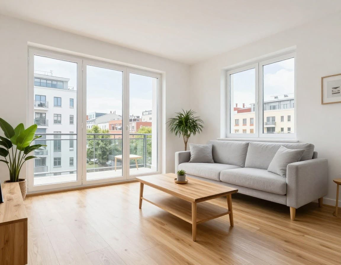 Immobilie besser vermarkten — professionell gestagetes Wohnzimmer einer europäischen Stadtwohnung mit KI-Tools