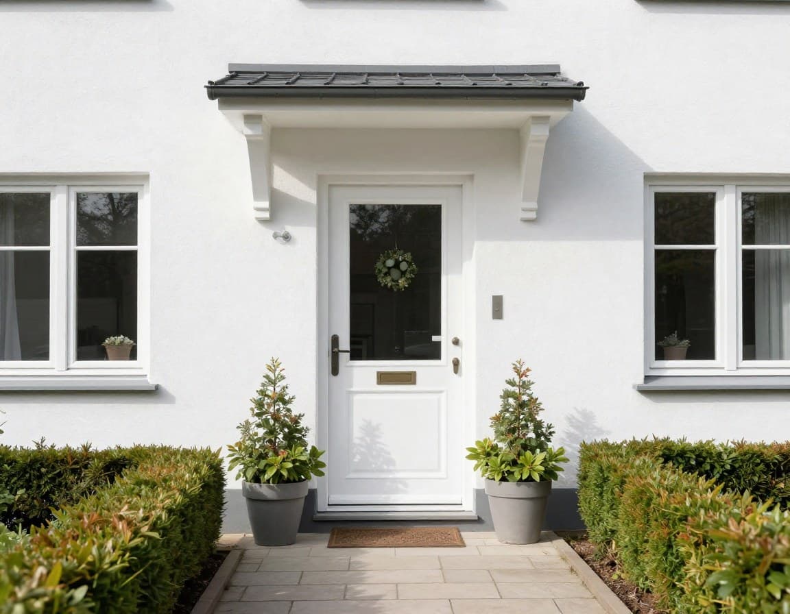 Gepflegter Eingangsbereich eines deutschen Einfamilienhauses mit sauberer Haustür und Pflanzen