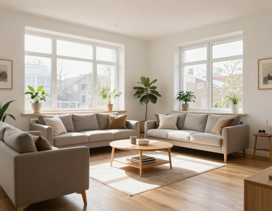 Hell eingerichtetes Wohnzimmer mit moderner Einrichtung und Tageslicht