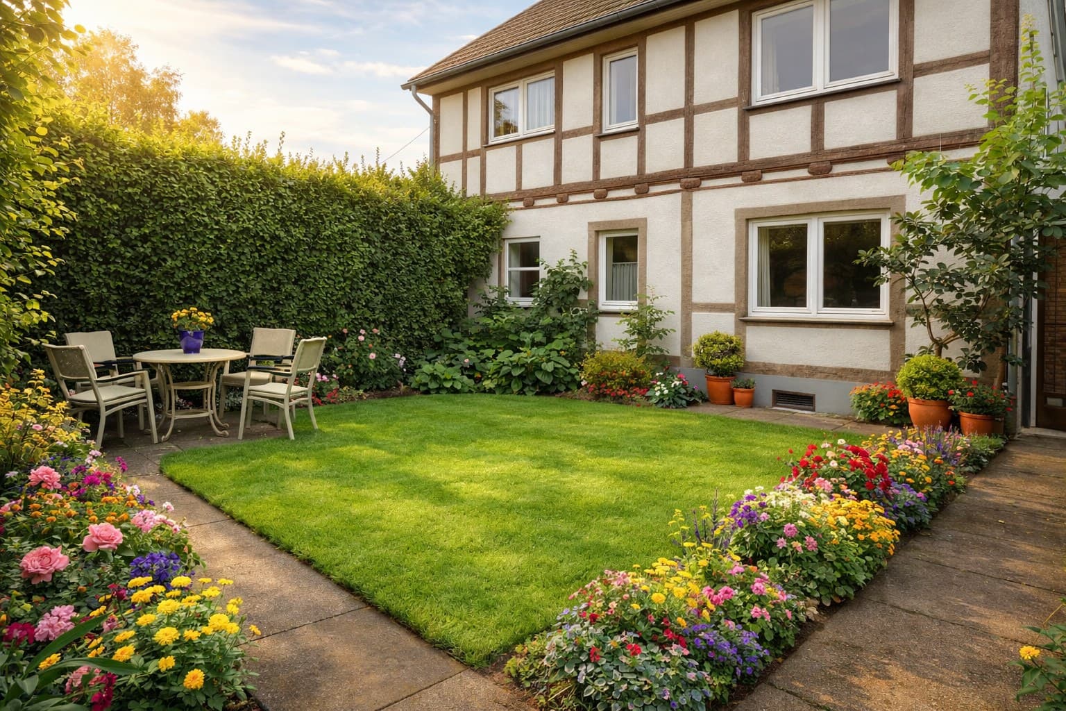 Derselbe Garten nach dem Virtual Staging -- gepflegt mit Möbeln und Pflanzen
