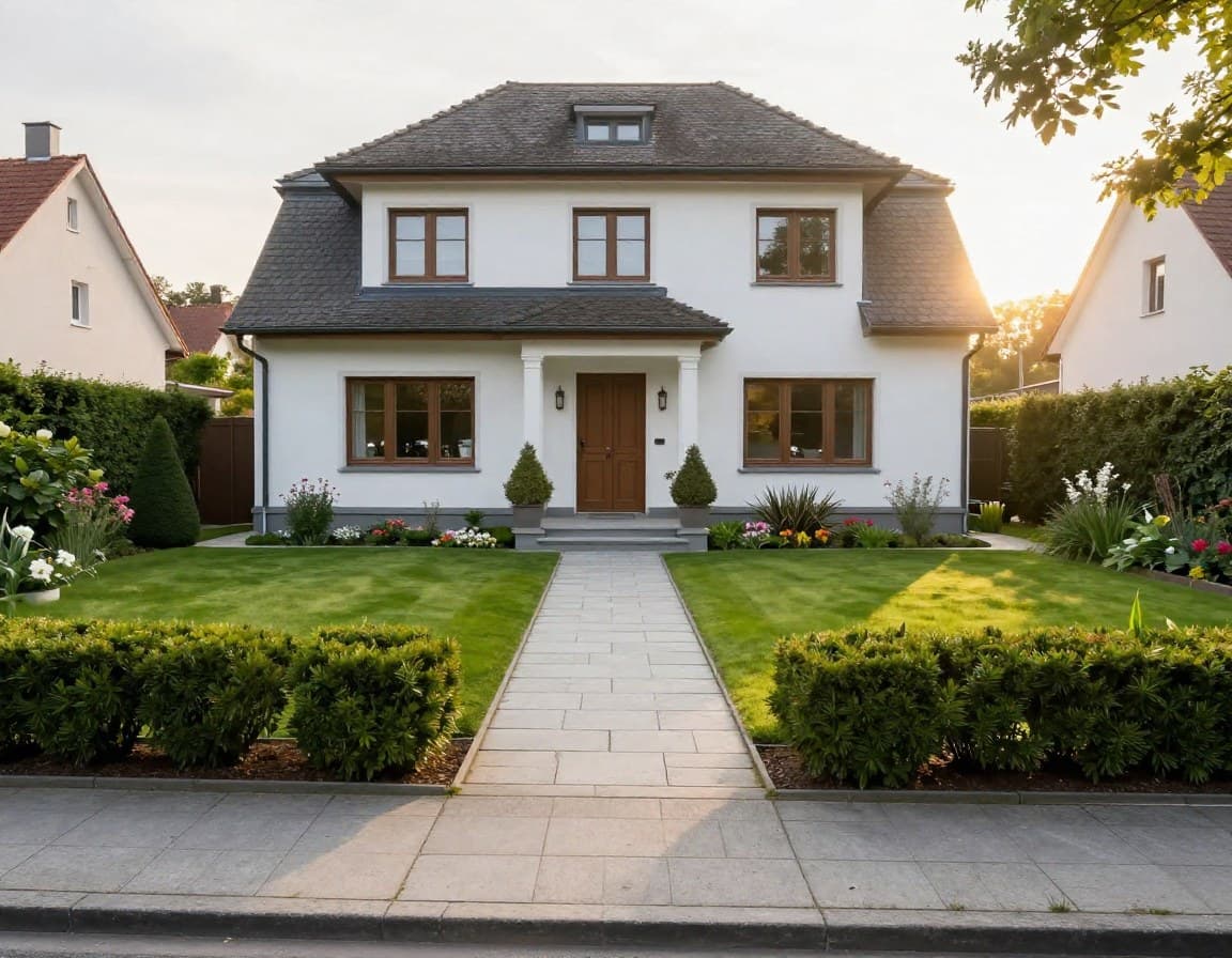 Gepflegter Vorgarten eines deutschen Einfamilienhauses mit gemähtem Rasen und Steinweg zur Haustür