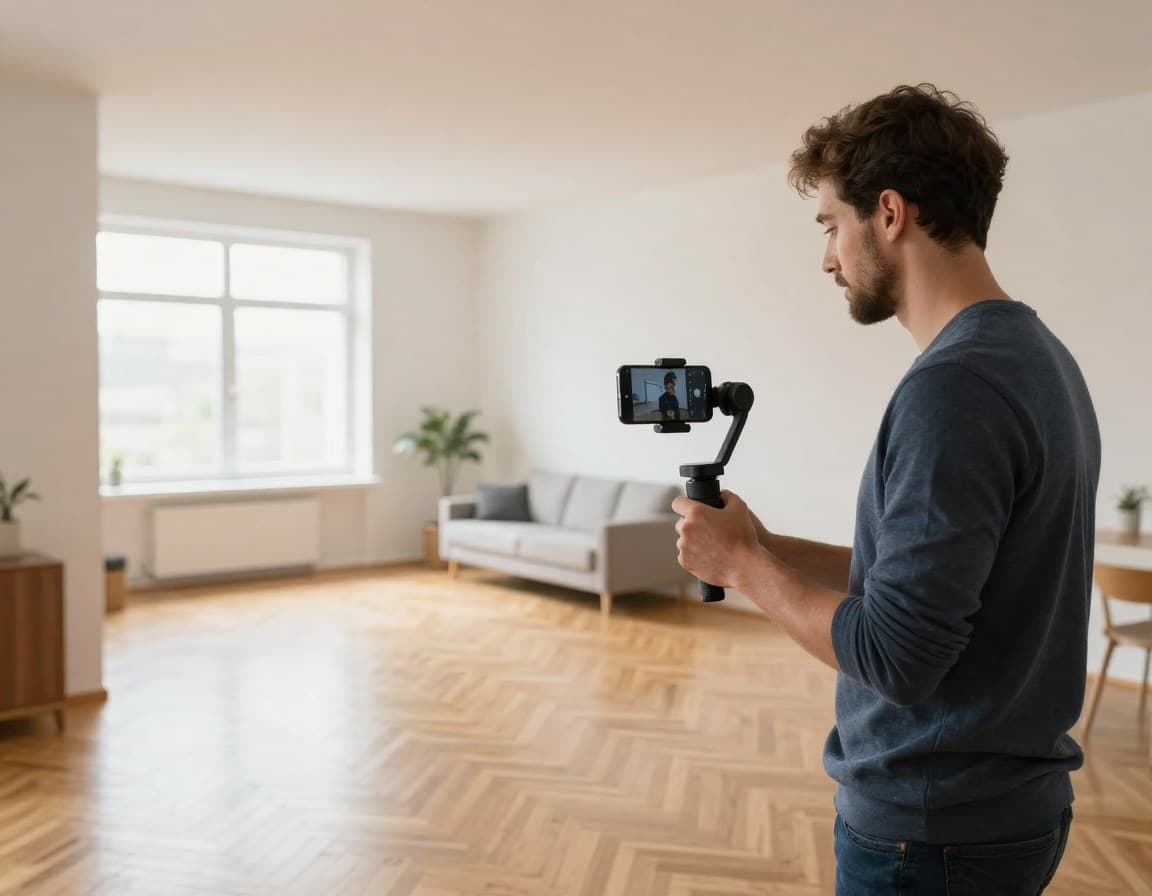 Immobilienvideo selber machen: Smartphone auf Gimbal filmt eine leere Wohnung
