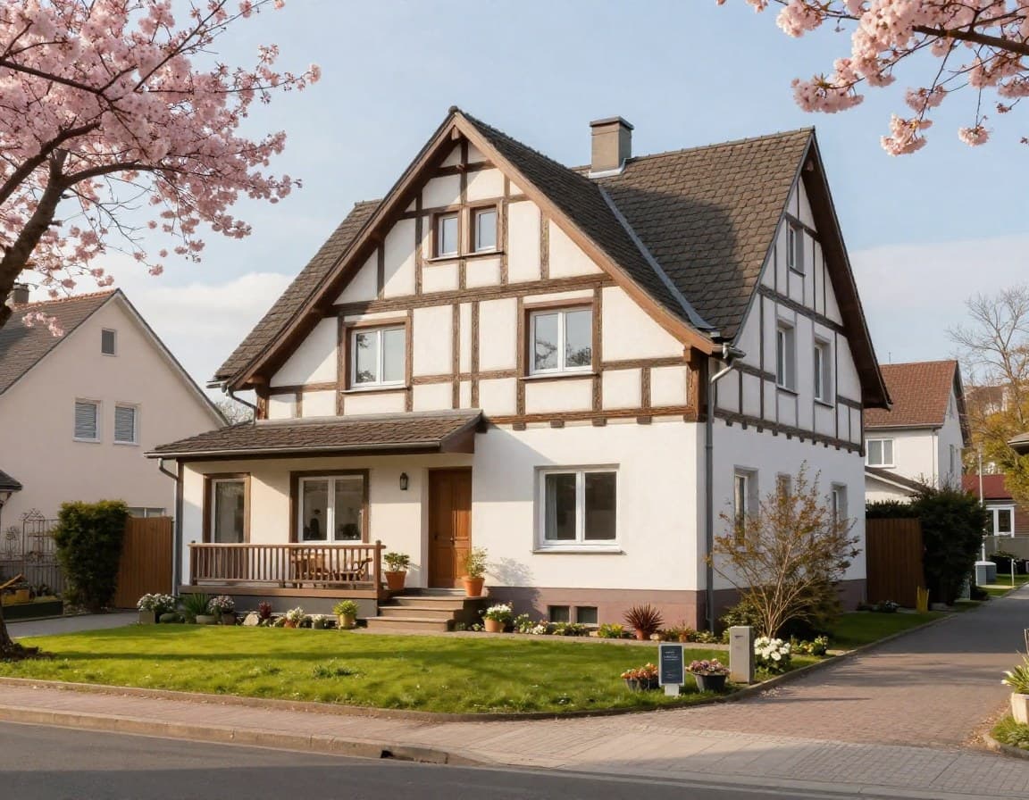 Deutsches Einfamilienhaus im Frühling mit blühendem Garten — bester Zeitpunkt für Immobilienverkauf
