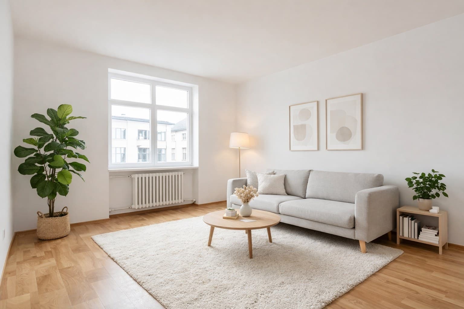 Immobilie online inserieren — leeres Wohnzimmer vor und nach virtuellem Staging