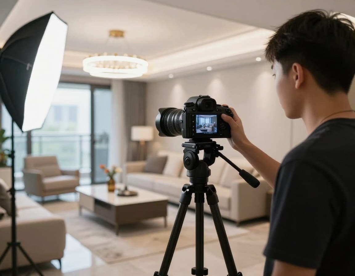 Makler filmt Immobilienvideo mit professioneller Kameraausrüstung für das Exposé