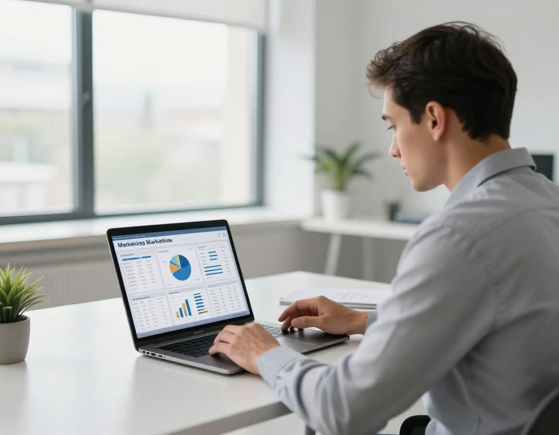 Makler analysiert Immobilien Marketing Vergleich am Laptop mit Daten-Dashboard