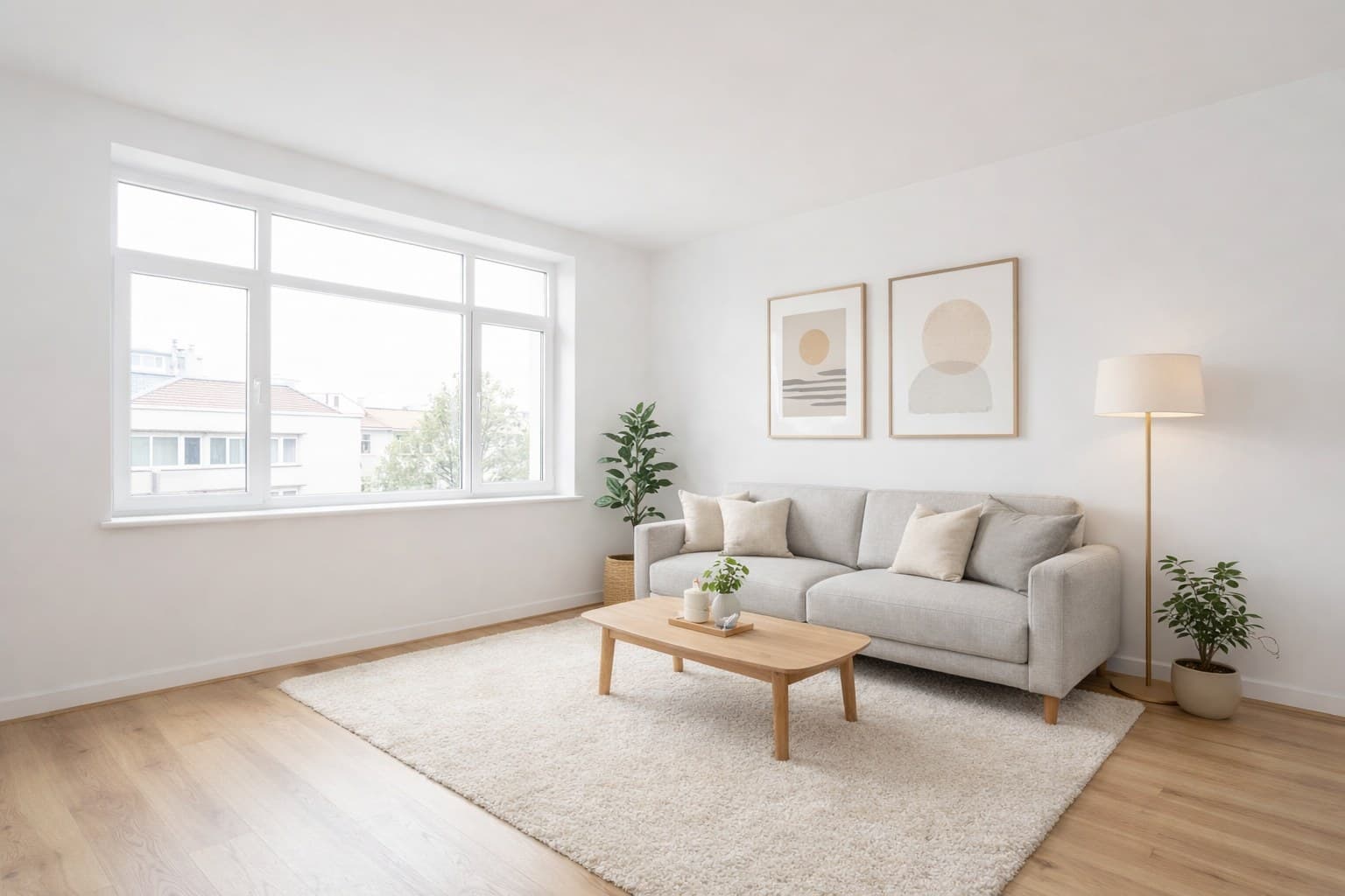 Immobilien-Video erstellen — virtuell gestagtes Wohnzimmer als Videobasis, vorher leer und nachher möbliert