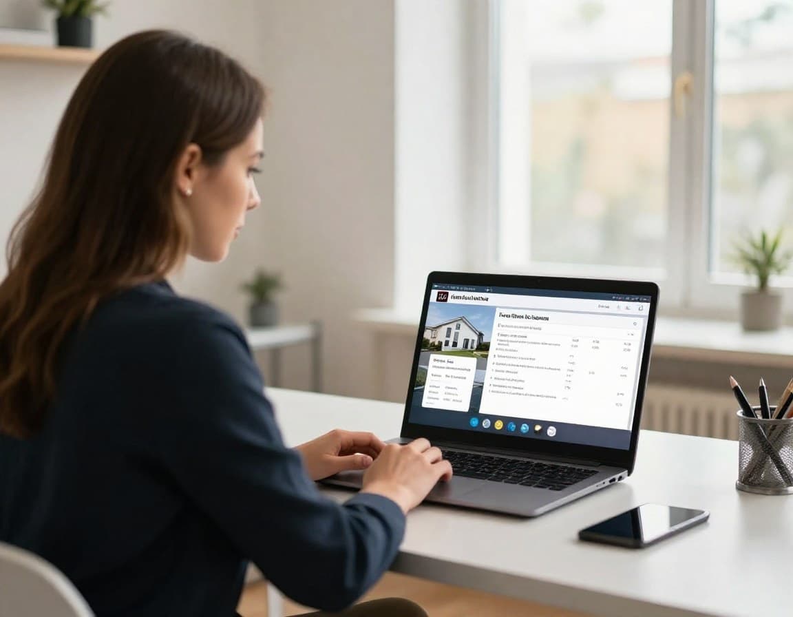 Immobilien-Video erstellen — Makler überprüft KI-generiertes Listing-Video auf Laptop in modernem Büro