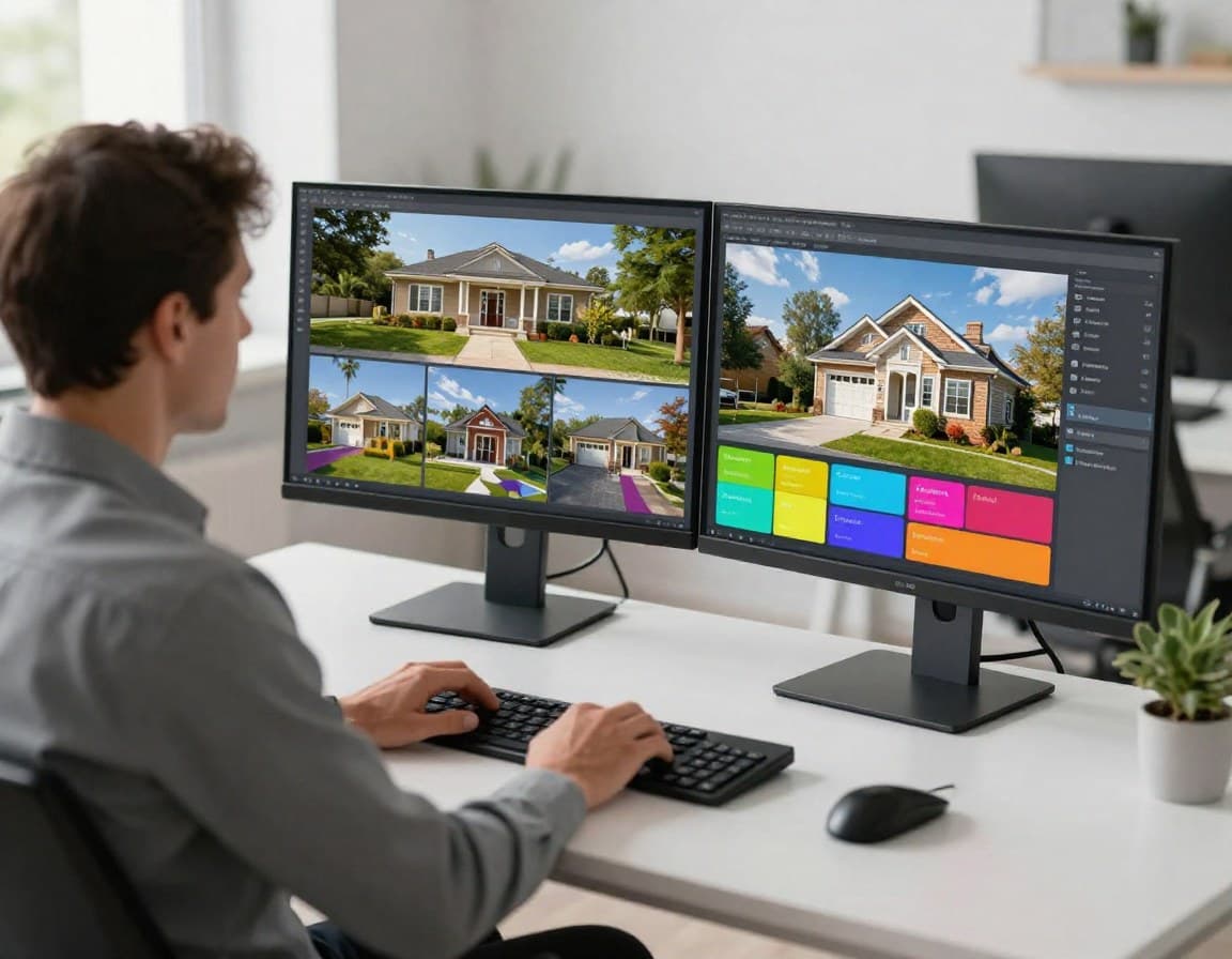 Makler nutzt KI-Bildanalyse-Software am Dual-Monitor-Setup: Immobilienfotos werden in Echtzeit mit Merkmalen getaggt