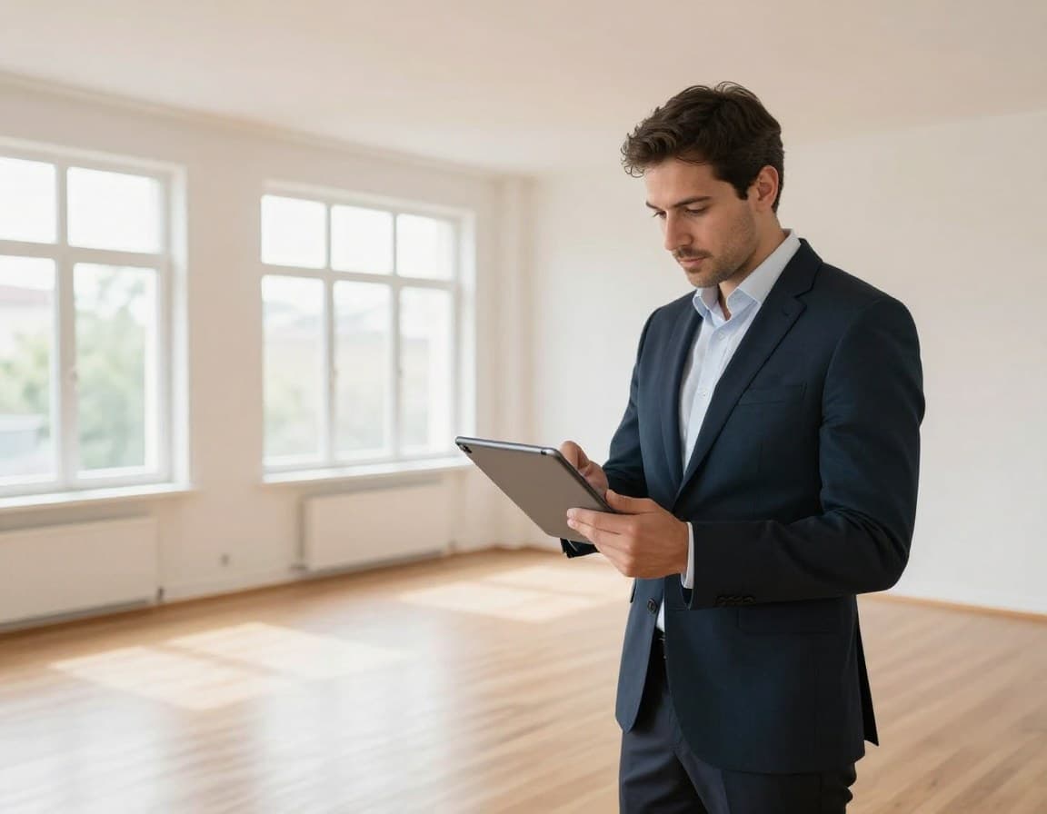 Immobilienmakler prüft KI-generiertes Exposé auf Tablet in leerer Wohnung