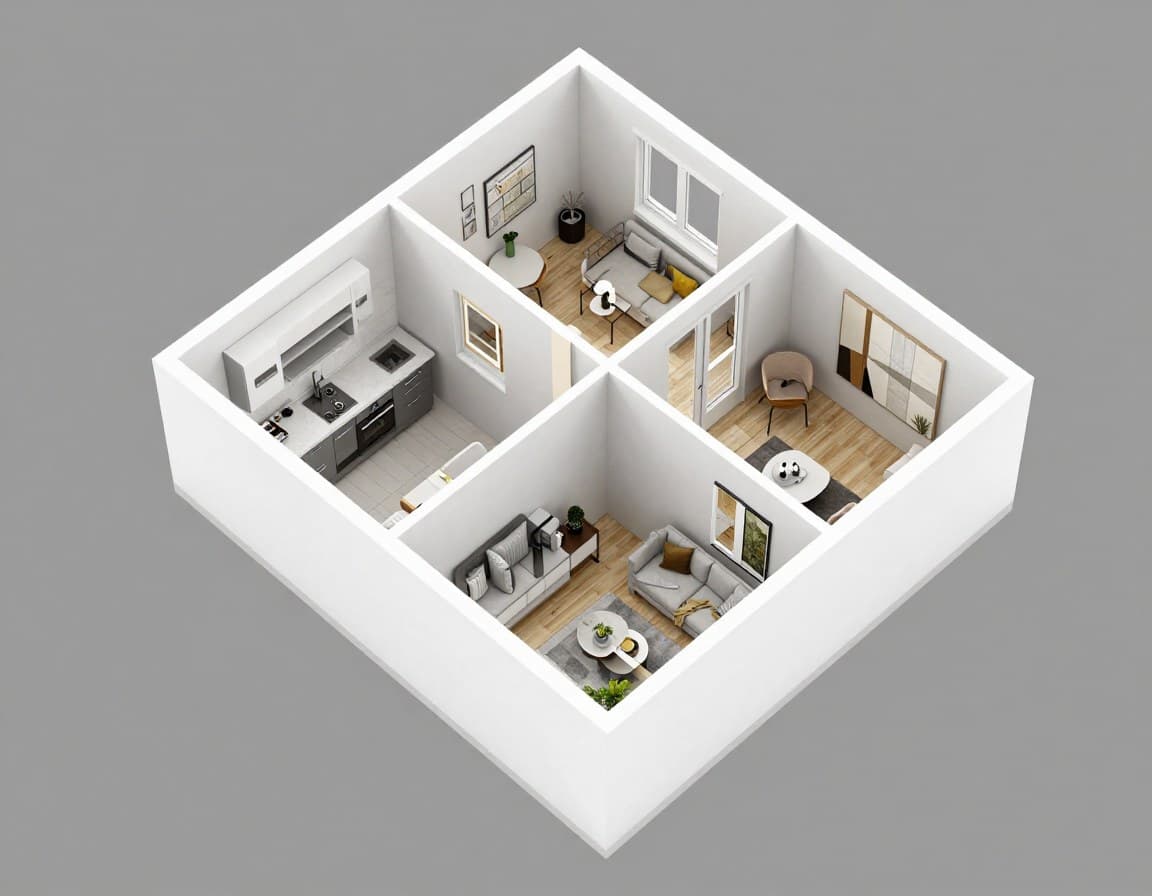 3D-Grundriss einer modernen 3-Zimmer-Wohnung, erstellt per KI