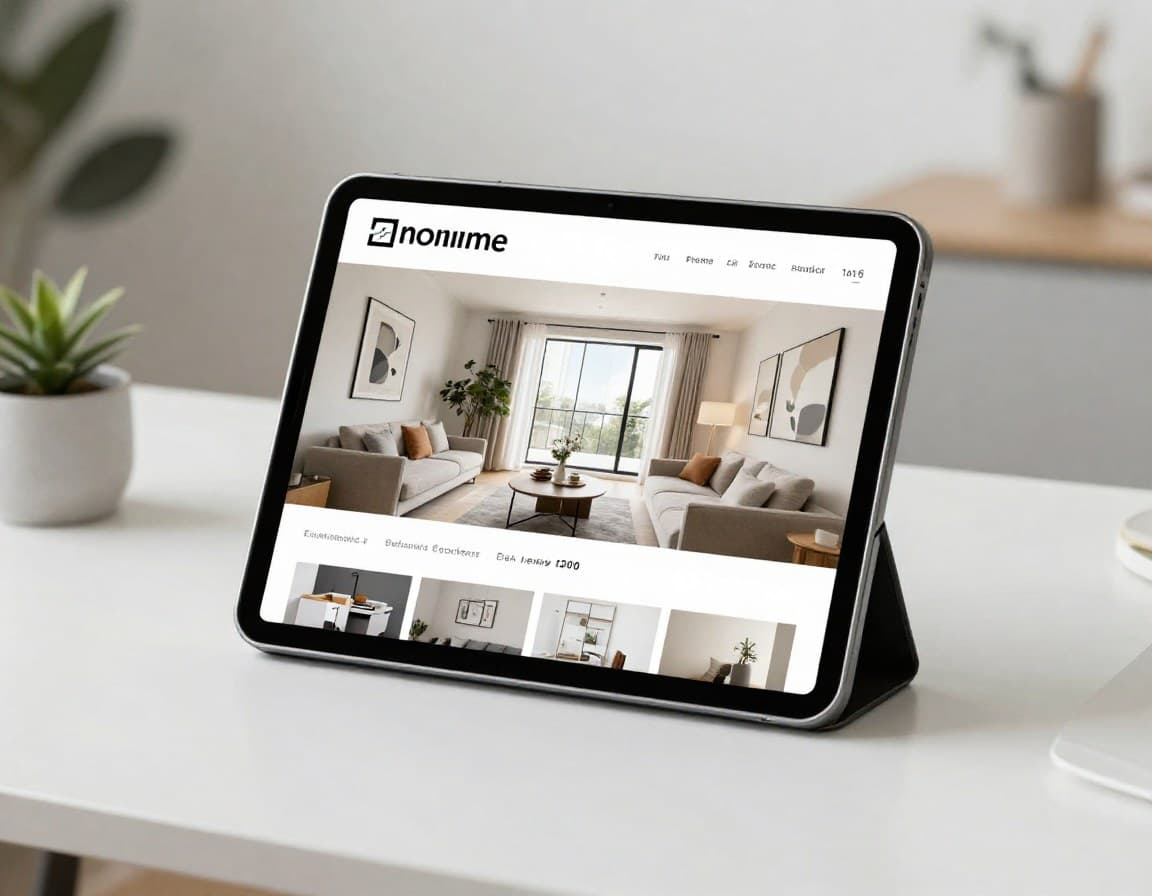 KI Inserat-Generator Immobilien — gestagetes Wohnzimmer auf Tablet-Bildschirm, fertig zur Portal-Veröffentlichung
