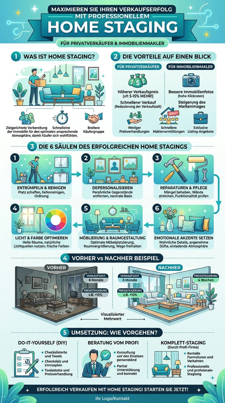 Infografik: Home Staging für Privatverkäufer und Immobilienmakler — 6 Säulen, Vorher-Nachher-Vergleich und Umsetzungsoptionen