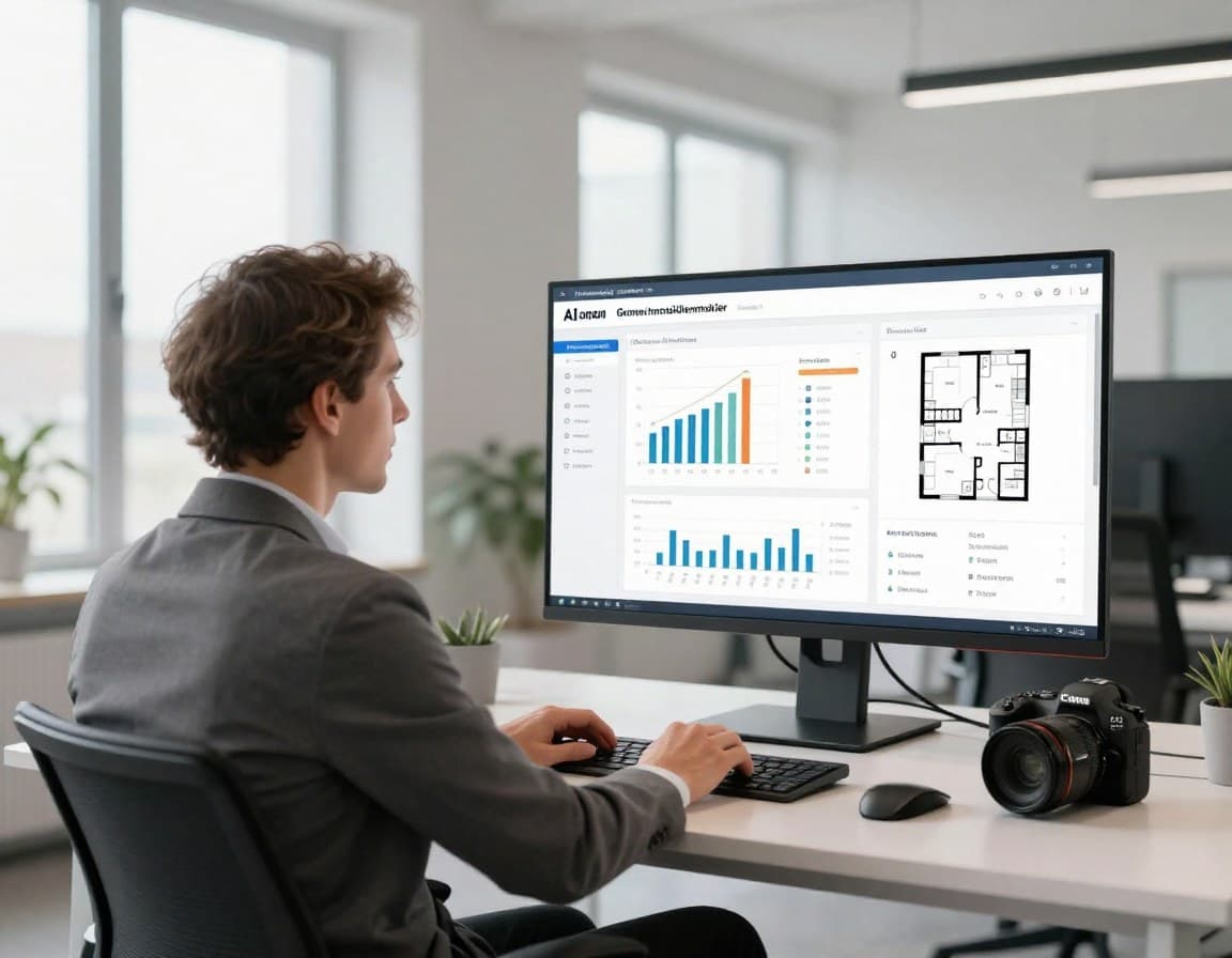 Immobilienmakler analysiert Marktdaten auf einem KI-Dashboard