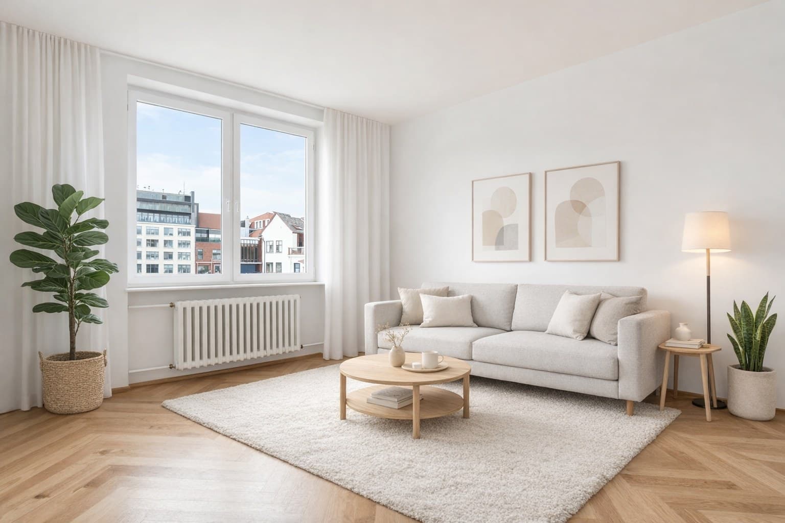 Immobilien-Workflow automatisieren — Wohnzimmer vorher leer, nachher virtuell möbliert mit KI-Staging