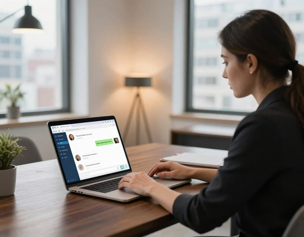 Immobilienmakler am Schreibtisch mit Chat-Interface auf Laptop — KI Chatbot beantwortet Anfragen automatisch