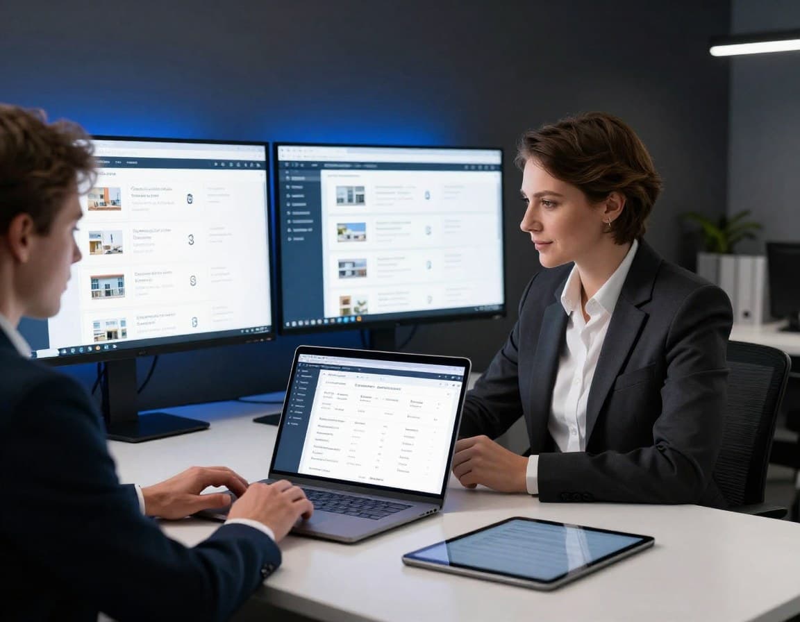 Immobilienmakler nutzt digitale KI-Tools auf Laptop und Tablet im modernen Büro