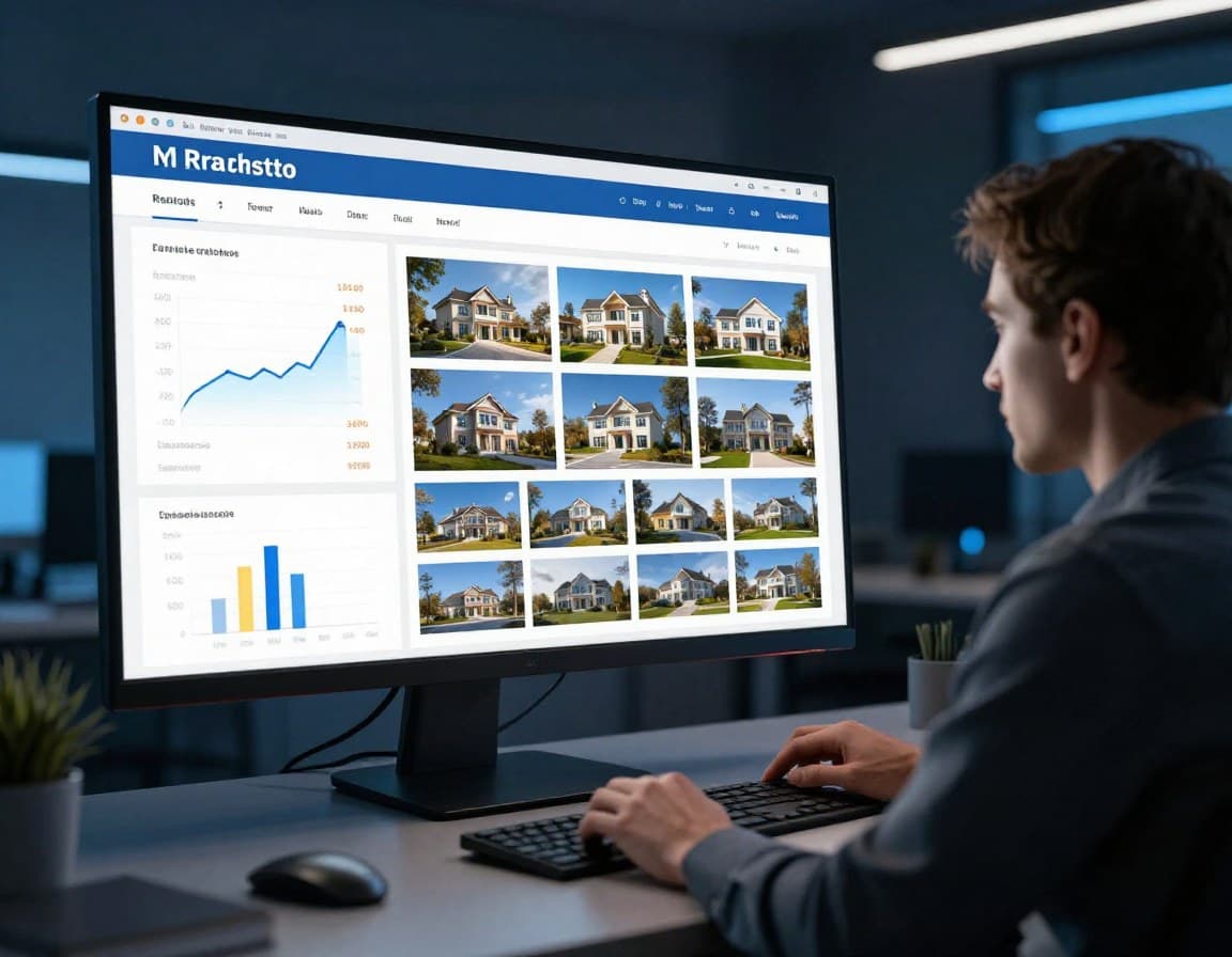 KI-Immobilienmarketing Dashboard: Makler analysiert KI-generierte Kampagnendaten und Objektanfragen
