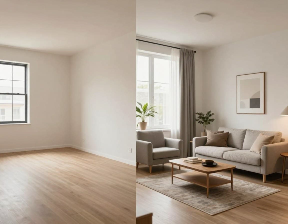 KI-Staging Vergleich: Leeres Zimmer links vs. professionell eingerichtetes Staging rechts