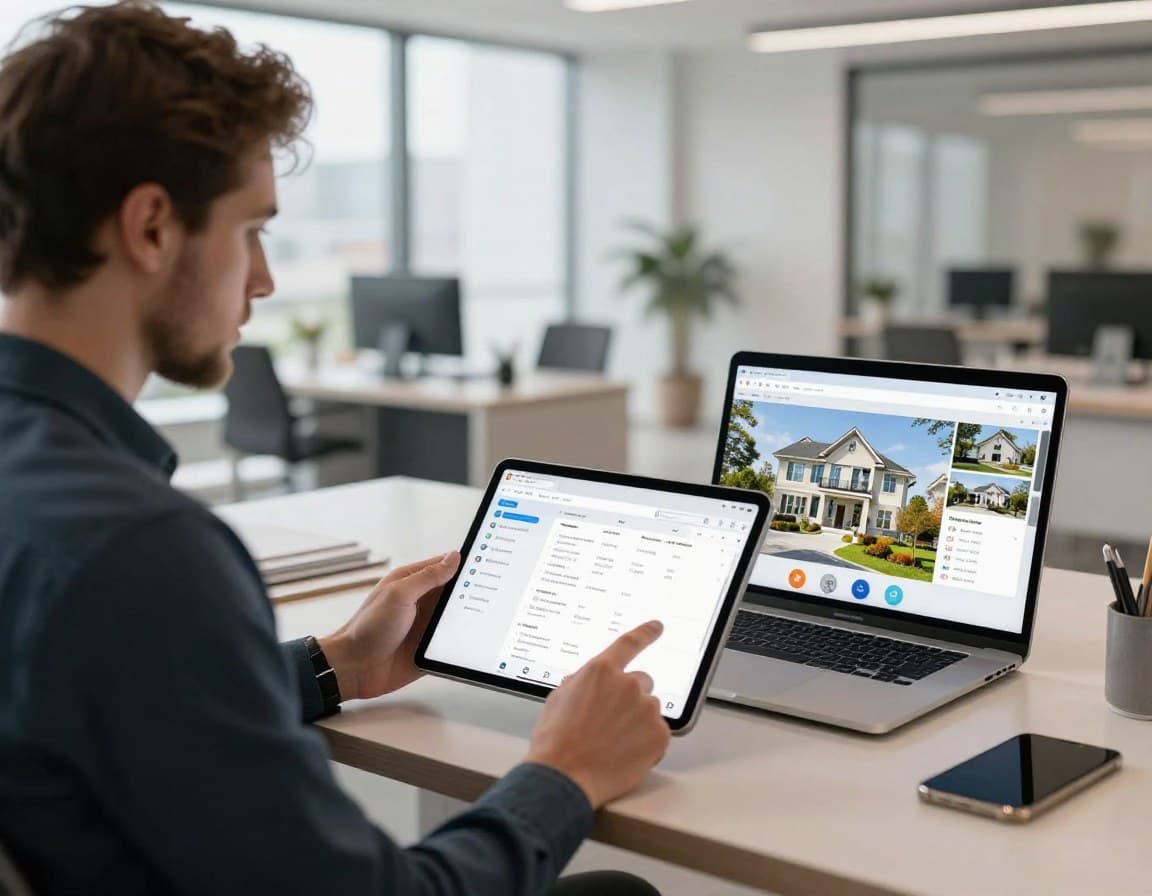 Immobilienmakler nutzt KI-Tools gleichzeitig auf Tablet und Laptop — virtuelles Staging, Exposé-Generator, Social Media