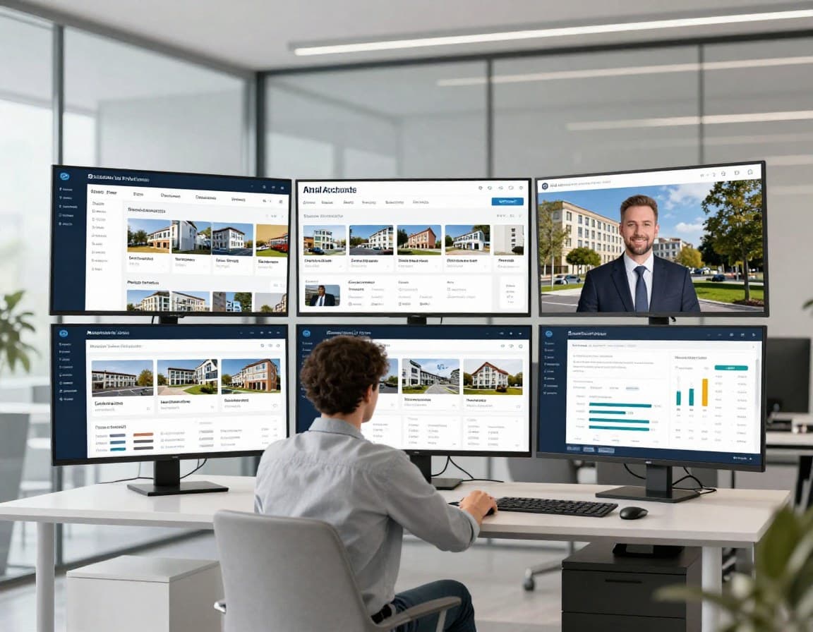 KI-Immobilien Überblick: Makler-Büro mit mehreren Bildschirmen für KI-Tools, Virtual Staging und Marktanalyse