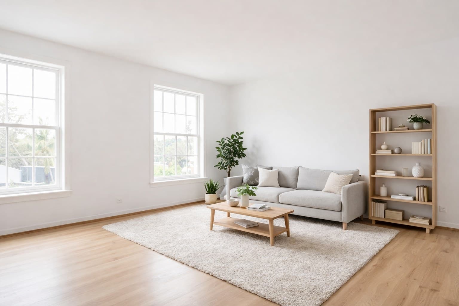 Wohnzimmer mit modernem skandinavischem Staging: Sofa, Couchtisch, Regal, Pflanzen