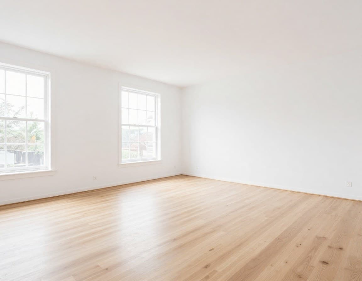 Leeres helles Wohnzimmer ohne Möbel — vor dem KI-Virtual-Staging