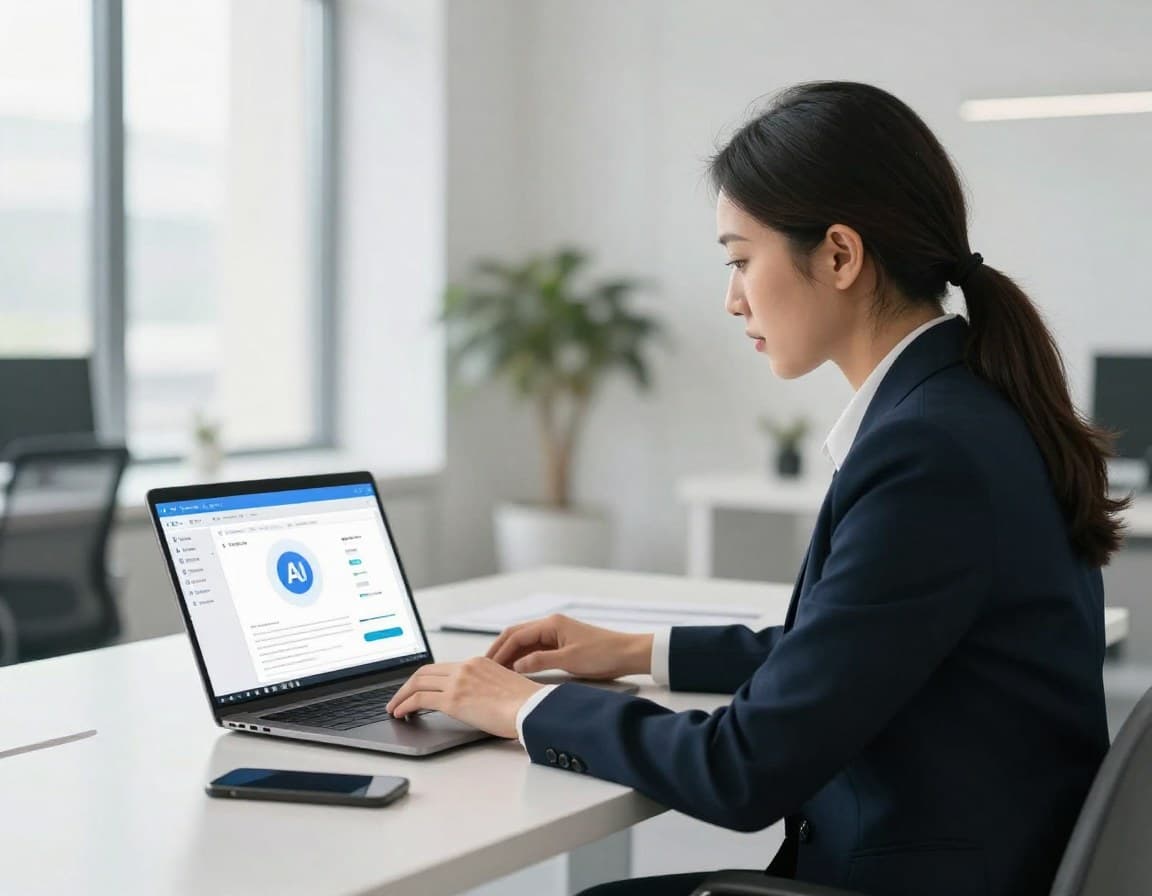 Immobilienmakler arbeitet effizient mit KI-Tools am Laptop — zeigt Zeitersparnis durch Automatisierung