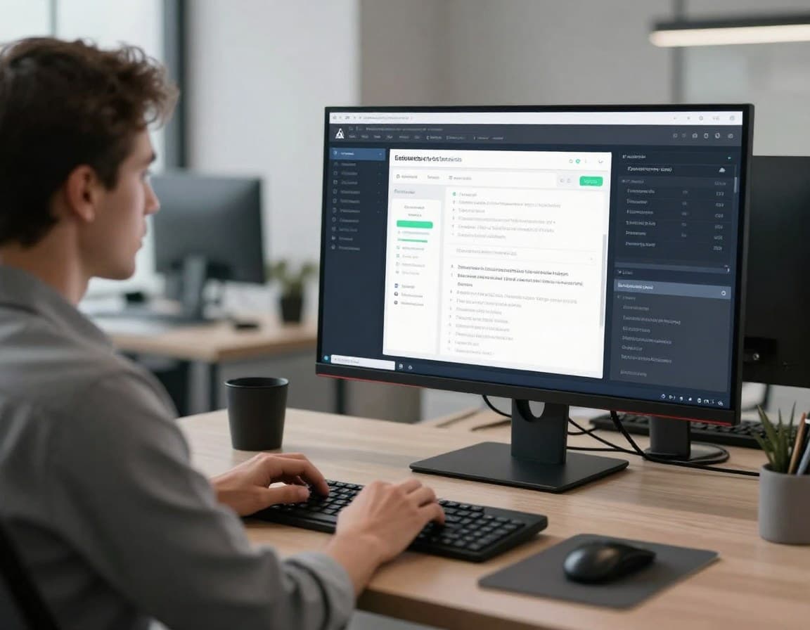 Immobilienmakler am modernen Schreibtisch mit KI-Tools-Dashboard auf großem Monitor — digitale Werkzeuge für Makler im Überblick