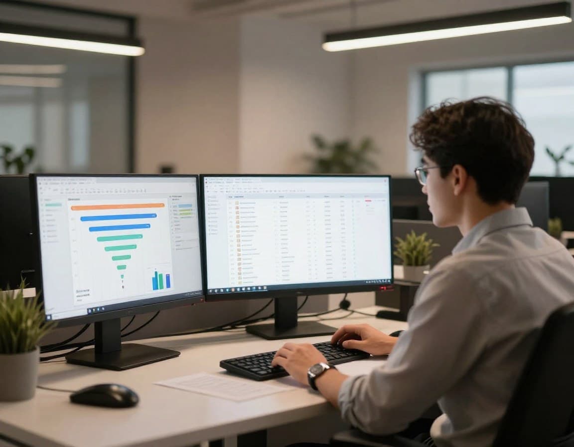 Immobilienmakler an modernem Arbeitsplatz mit Lead-Management-Dashboard — KI-gestützte Lead-Generierung für Makler