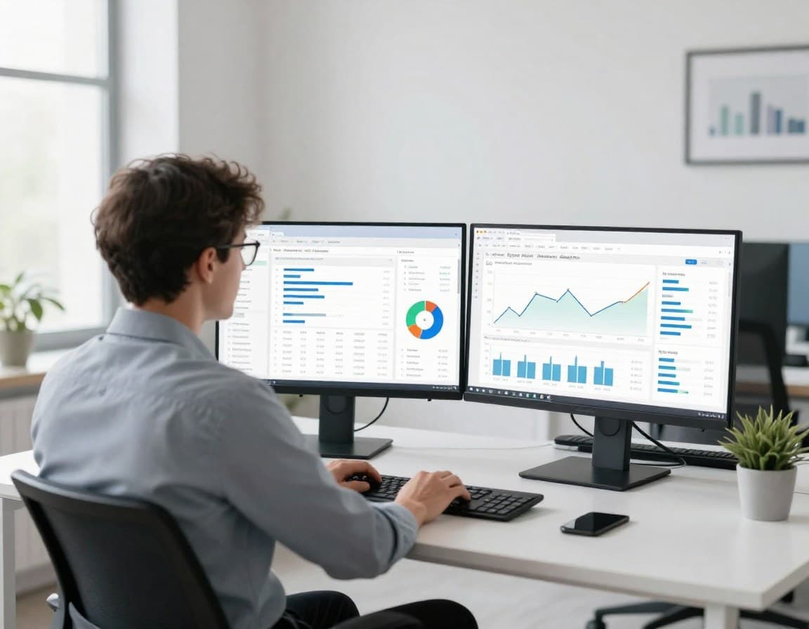 Immobilienmakler analysiert KI-gestützte Marktdaten mit Preistrend-Dashboards auf zwei Monitoren