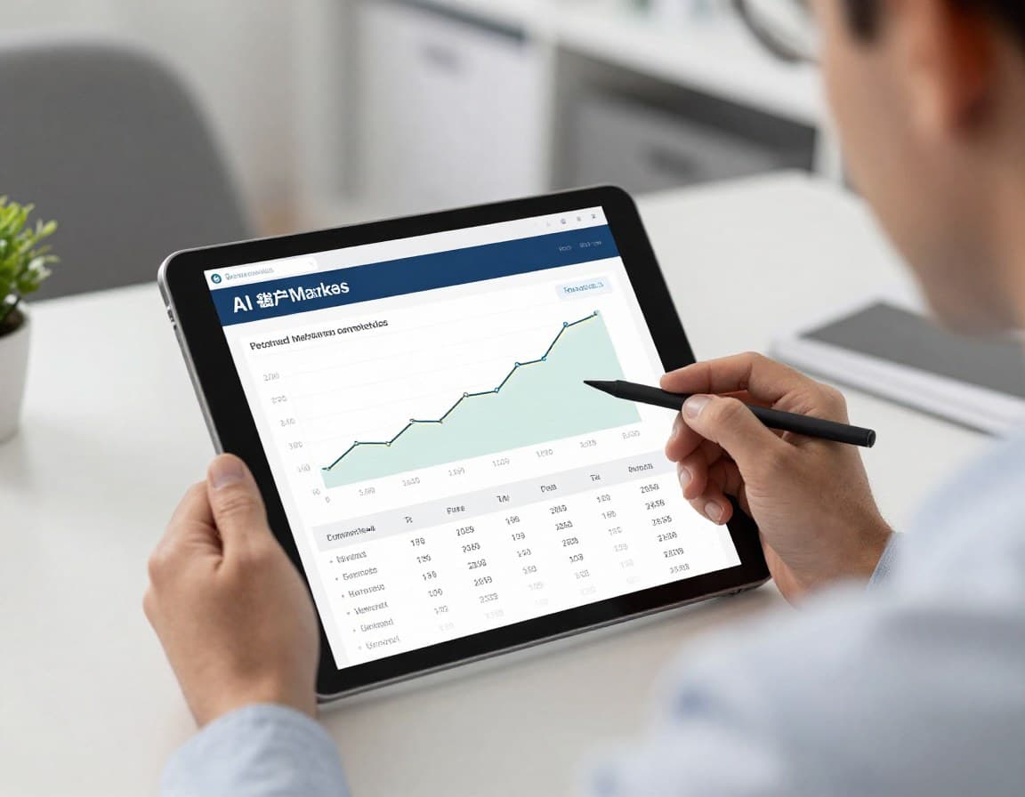 Immobilienmakler prüft KI-generierte Marktanalyse auf Tablet mit Preistrends und Vergleichsdaten