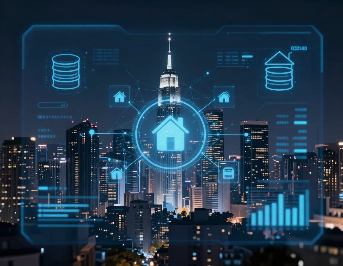 KI-gestützte Immobilienbewertung: Datenvisualisierung mit Stadtsilhouette und algorithmischen Netzwerkverbindungen auf dunklem Dashboard