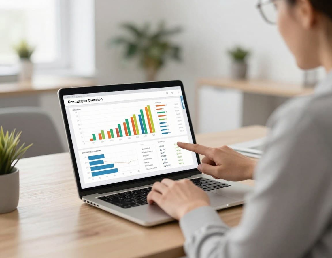 Immobilienmakler analysiert KI-gestützte Objektbewertungsdaten auf Laptop mit Balkendiagrammen und Prozentanzeigen