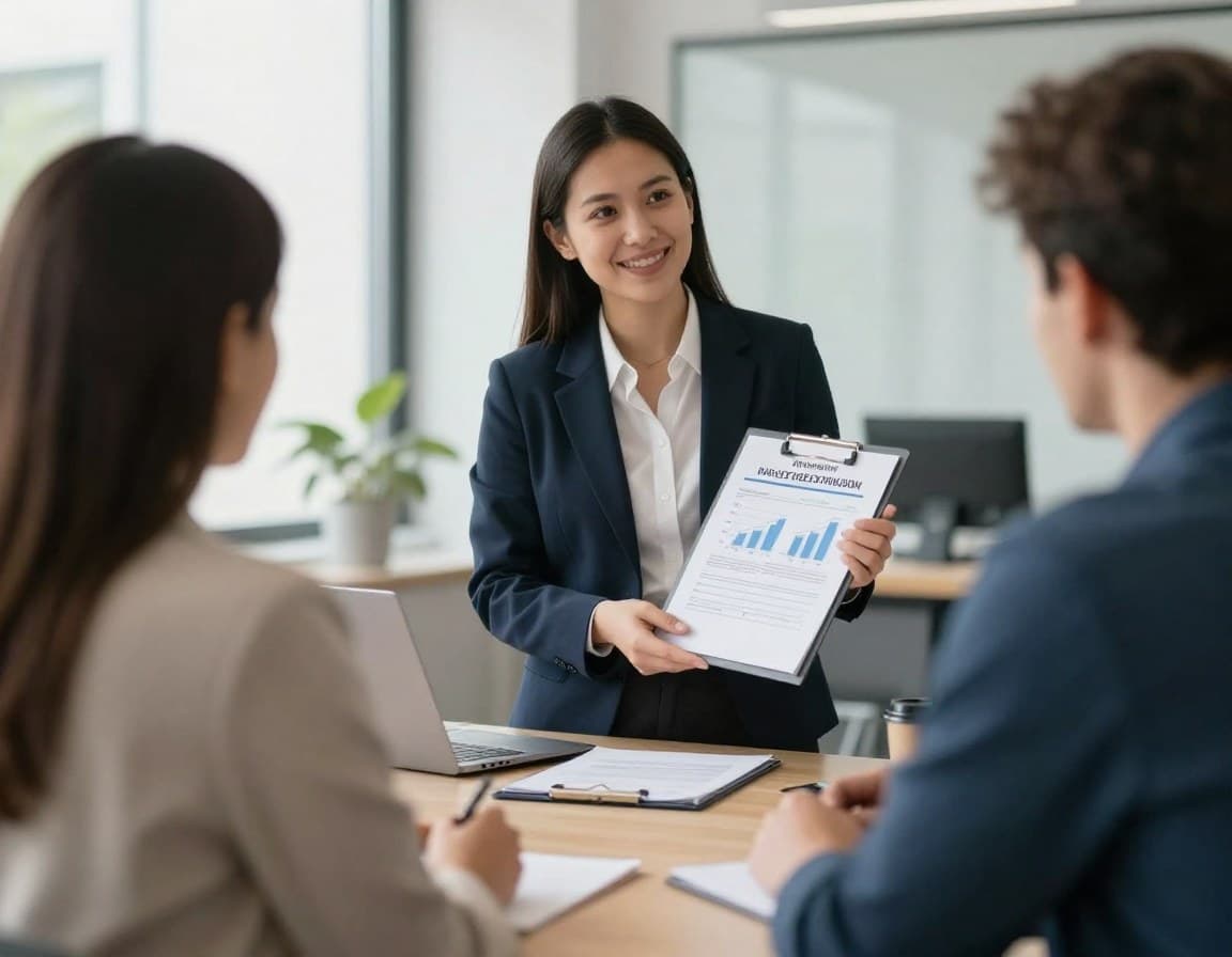 Professioneller Immobilienmakler präsentiert Bewertungsbericht mit Datencharts an Kundenpaar im modernen Büro