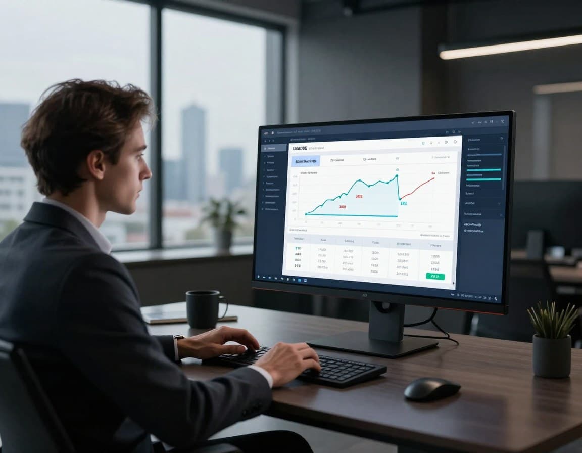 Immobilienmakler analysiert KI-Preisvorhersage-Dashboard mit Genauigkeitscharts und Bewertungsmodellen auf modernem Bildschirm
